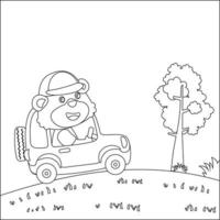 süß wenig Tier Fahren ein Auto gehen zu Wald komisch Tier Karikatur. kindisch Design zum Kinder Aktivität Färbung Buch oder Buchseite. vektor