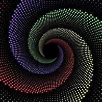 grön, lila, röd, och gul prickad spiral virvel. 3d virvla runt mönster punkt Vinka vektor bakgrund. abstrakt halvton grunge partiklar fixare affisch.