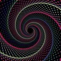 Rot, Rosa, Blau, Grün, Gelb, und violett gepunktet Spiral- Wirbel Hexagon Hintergrund. 3d Kette bewirken bunt Strudel Muster Punkt Welle Vektor Poster.