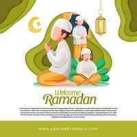 ramadan hälsning fyrkant social media posta mall med muslim man bön- och läsning quran illustration vektor