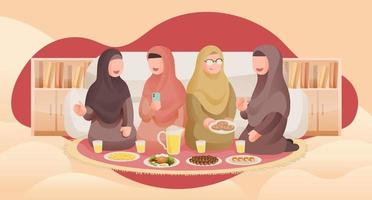 grupp av muslim kvinnor vänner eller systrar äta iftar tillsammans och chatt med leende illustration begrepp vektor