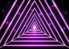 abstrakt Technologie Hintergrund lila glühend Dreieck Tunnel Perspektiven und Straßen mit Licht Wanderwege beim das Ende von das Beleuchtung erleuchten das Gradient Hintergrund. vektor