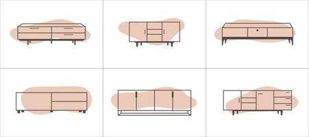 sex möbel översikt ikoner. möbel i platt stil. vektor illustration.