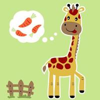 rolig giraff drömma morot, vektor tecknad serie illustration