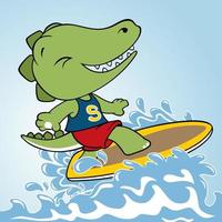 rolig dinosaurie surfing, vektor tecknad serie illustration