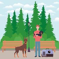 junger Mann mit niedlichen Hundemaskottchen im Park vektor