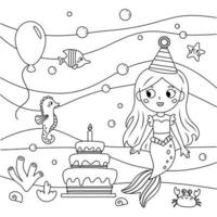 födelsedag färg sida med söt sjöjungfru, fisk, sjöstjärna, krabba och sjöhäst. söt fe- berättelse tecknad serie tecken. vektor