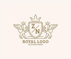 första zn brev lejon kunglig lyx heraldisk, vapen logotyp mall i vektor konst för restaurang, kungligheter, boutique, Kafé, hotell, heraldisk, Smycken, mode och Övrig vektor illustration.