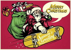 Jahrgang Illustration Santa Reiten Skateboard und Tragen ein Tasche voll von Geschenke vektor