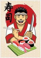 japanisch Koch präsentieren ein einstellen von Sushi mit Sushi Wort schreibt im Kanji vektor