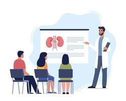 läkare ger en Träning föreläsning handla om anatomi för studenter. läkare presenter mänsklig njurar infografik. uppkopplad medicinsk seminarium, föreläsning, sjukvård möte begrepp. vektor illustration.