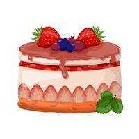 cheesecake med jordgubbar, dekorerad med bär. en bit av efterrätt kaka. kaka på en färglös bakgrund. vektor illustration av realistisk bakning.