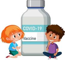 seriefigur av barn som sitter med covid-19 vaccinflaska vektor