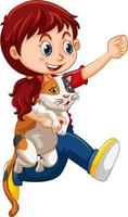 ein Mädchen, das niedlichen Katzenkarikaturcharakter lokalisiert auf weißem Hintergrund hält vektor
