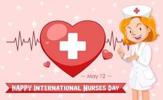 glückliche internationale Krankenschwestern-Tagesschrift mit Krankenschwester-Zeichentrickfigur vektor