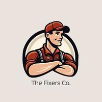 Logo von Heimwerker Arbeiter Fix Reparatur heim. Vektor Illustration von ein Klempner im ein Deckel und Overall.