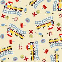 vektor tecknad serie mönster. ånga tåg med järnväg tecken.