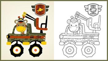 vektor tecknad serie av rolig giraff soldat på militär lastbil, färg sida eller bok