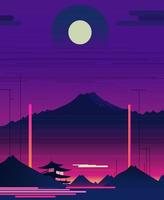 cyberpunk natt landskap pagod mot de bakgrund av berg. trogen retro affisch vektor