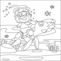 Vektor Illustration von wenig Schildkröte und Bär sind schwimmen im unter Wasser. kreativ Vektor kindisch Design zum Kinder Aktivität Färbung Buch oder Buchseite.