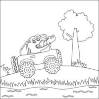 süß wenig Pferd Fahren ein Auto gehen zu Wald komisch Tier Karikatur, modisch Kinder Grafik mit Linie Kunst Design Hand Zeichnung skizzieren Vektor Illustration zum Erwachsene und Kinder Färbung Buch.