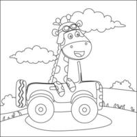 süß wenig Pferd Fahren ein Auto gehen zu Wald komisch Tier Karikatur, modisch Kinder Grafik mit Linie Kunst Design Hand Zeichnung skizzieren Vektor Illustration zum Erwachsene und Kinder Färbung Buch.