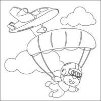 vektor tecknad serie illustration av fallskärmshoppning med litlle djur, plan och moln, med tecknad serie stil barnslig design för barn aktivitet färg bok eller sida.