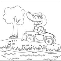 süß wenig Pferd Fahren ein Auto gehen zu Wald komisch Tier Karikatur, modisch Kinder Grafik mit Linie Kunst Design Hand Zeichnung skizzieren Vektor Illustration zum Erwachsene und Kinder Färbung Buch.