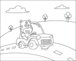 Vektor Karikatur von komisch Tier Fahren Auto im das Straße mit Dorf Landschaft. Karikatur isoliert Vektor Illustration, kreativ Vektor kindisch Design zum Kinder Aktivität Färbung Buch oder Buchseite.