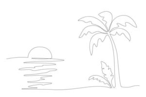 Vektor Illustration von einer Linie Zeichnung von Strand mit Palme Baum und Sonnenuntergang. Strand Hintergrund. Sommer- Tourismus Konzept