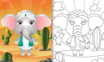 målarbok för barn temat ramadan med en söt elefant med arabisk traditionell dräkt vektor