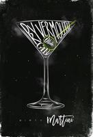 schmutziger Martini-Cocktail-Schriftzug trockener Wermut, Gin, Olive in der grafischen Weinlesezeichnung der Weinlese mit Kreide und Farbe auf Tafelhintergrund vektor