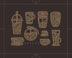 einstellen von kreativ modern Kunst Deko Kaffee Tassen im eben Linie Stil Zeichnung auf braun Hintergrund. vektor