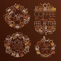 Kaffee Symbol Monogramme im eben Stil, Zeichnung mit braun Linien auf dunkel braun Hintergrund Beschriftung Kaffee Zeit, Kaffee macht Sie Gefühl besser, Mehr als Koffein, Kaffee Gebühren Sie vektor
