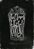 kaffe glace kopp text is grädde, espresso i årgång grafisk stil teckning med krita på svarta tavlan bakgrund vektor