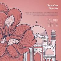 feminin Ramadan kareem Vorlage im Rosa Hintergrund mit Moschee und Blume Hand gezeichnet Design vektor