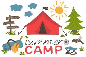 Sommer- Lager. Hand gezeichnet Camping und Reisen Ausrüstung eine solche wie Zelt, Gitarre, Axt und Andere. Poster im eben Stil, Vektor Illustration.