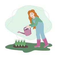 Frau mit Bewässerung dürfen. weiblich Gärtner Bewässerung Pflanzen im Frühling. illustartion im eben Karikatur Stil vektor