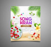 songkran festival thailand reste sig kronblad i skål och thai blommor kokos blad, affisch flygblad design på vit trä bakgrund, eps 10, vektor illustration