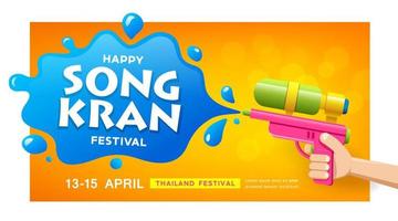 Songkran Festival Thailand, Wasser Gewehr im Hand und Wasser Spritzen, Banner Design auf Gelb Hintergrund, eps 10 Vektor Illustration