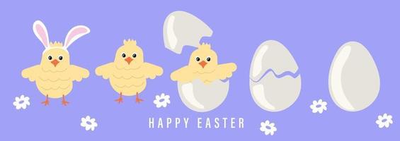 påsk brud. söt kyckling krackning från ägg skal bär påsk kanin öron. vektor illustration