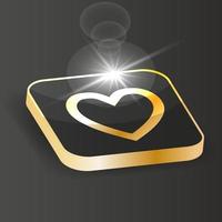 gyllene isometrisk hjärta ikon. kärlek symbol knapp på en svart bakgrund. 3d vektor