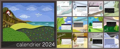 Kalender 2024 im Französisch Sprache. bunt monatlich Kalender mit verschiedene Landschaften. vektor