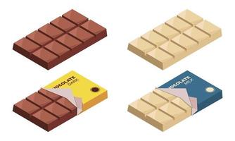 typer av choklad bar vektor uppsättning. halv öppnad mörk, mjölk, och vit choklad bar vektor illustration isolerat på vit bakgrund i isometrisk stil. choklad typer vektor design 3d.