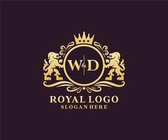 första wd brev lejon kunglig lyx logotyp mall i vektor konst för restaurang, kungligheter, boutique, Kafé, hotell, heraldisk, Smycken, mode och Övrig vektor illustration.