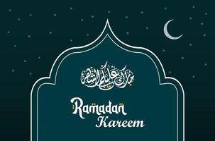 ramadan kareem engelsk typografi och arabicum kalligrafi hälsningar. ett islamic hälsning text i engelsk för helig månad Lycklig ramadan. islamic bakgrund design med moskén. vektor