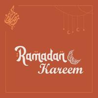 Ramadan kareem Englisch Typografie und Arabisch Kalligraphie Grüße. ein islamisch Gruß Text im Englisch zum heilig Monat glücklich Ramadan. islamisch Hintergrund Design mit hafe mooon vektor