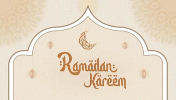 Ramadan kareem Englisch Typografie und Arabisch Kalligraphie Grüße. ein islamisch Gruß Text im Englisch zum heilig Monat glücklich Ramadan. islamisch Hintergrund Design mit Moschee. vektor