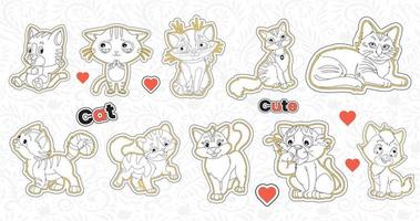 einstellen von süß Valentinstag Katze Aufkleber Sammlung druckbar Tier Aufkleber bündeln mit Hand gezeichnet Karikatur Charakter Stil Katze Emotionen Vektor Design komisch Spaziergang Haustiere Abbildungen zum Kinder