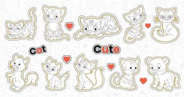 einstellen von süß Valentinstag Katze Aufkleber Sammlung druckbar Tier Aufkleber bündeln mit Hand gezeichnet Karikatur Charakter Stil Katze Emotionen Vektor Design komisch Spaziergang Haustiere Abbildungen zum Kinder